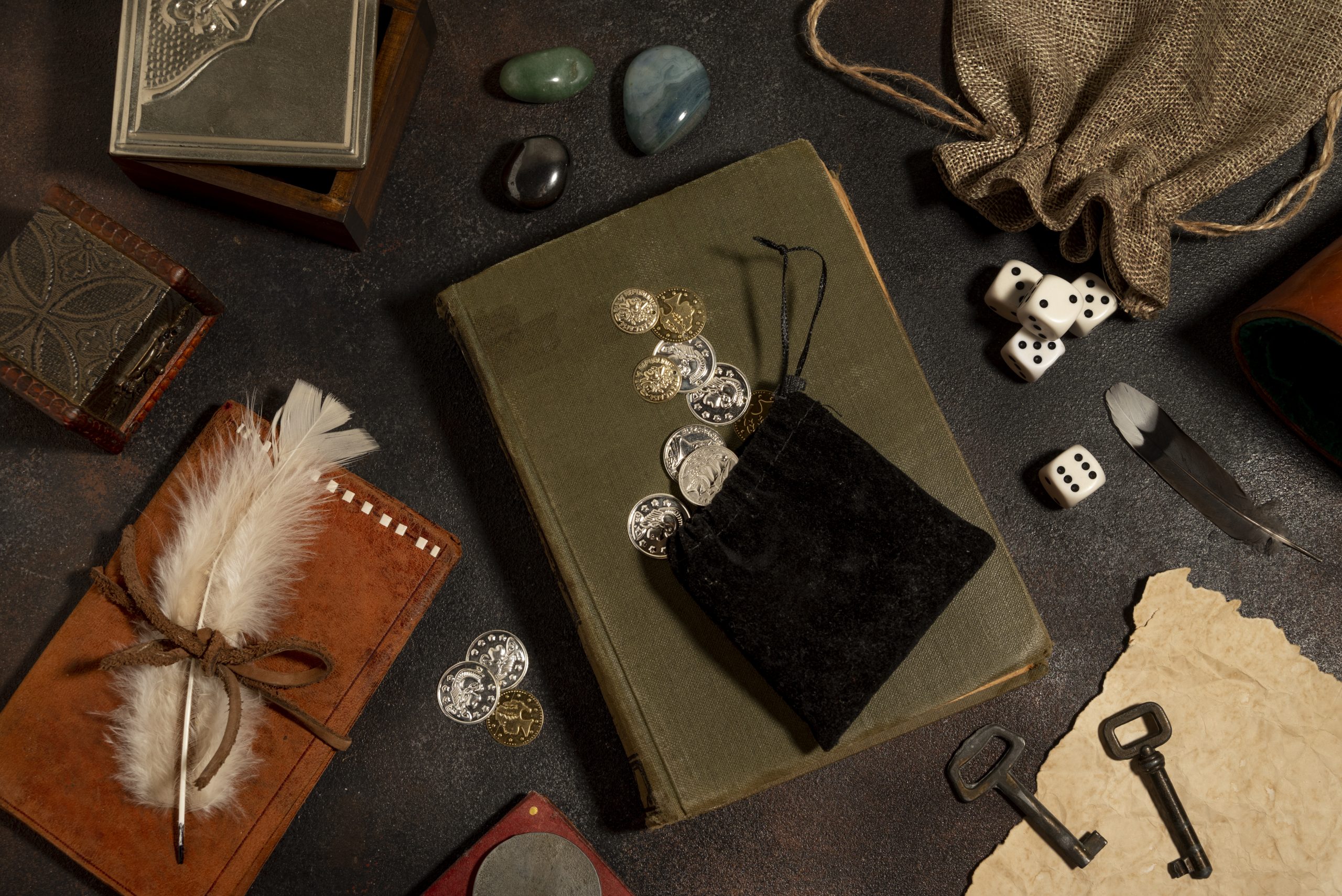 top view beautiful rpg still life items scaled