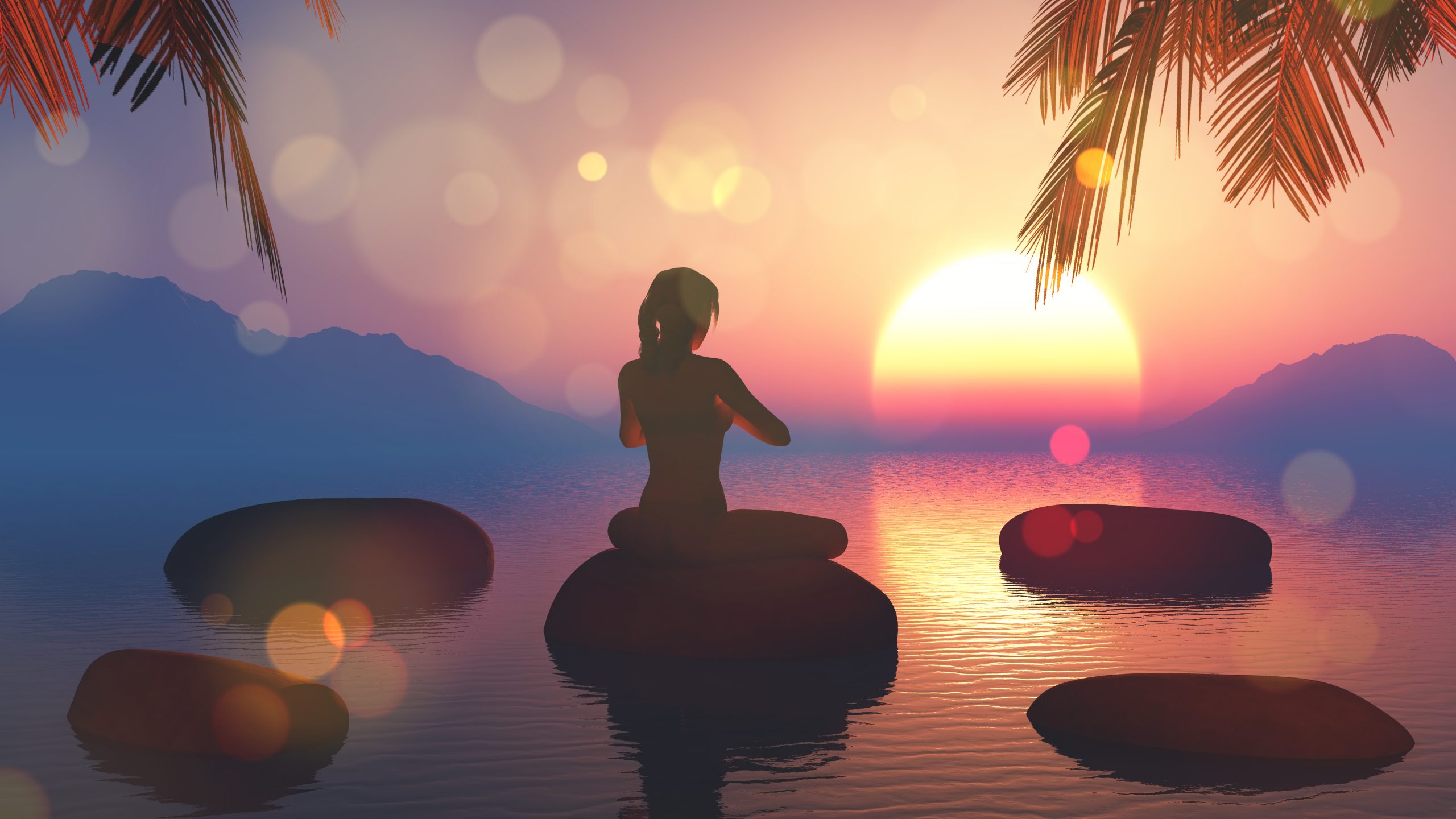 3d render female yoga pose against sunset sky scaled