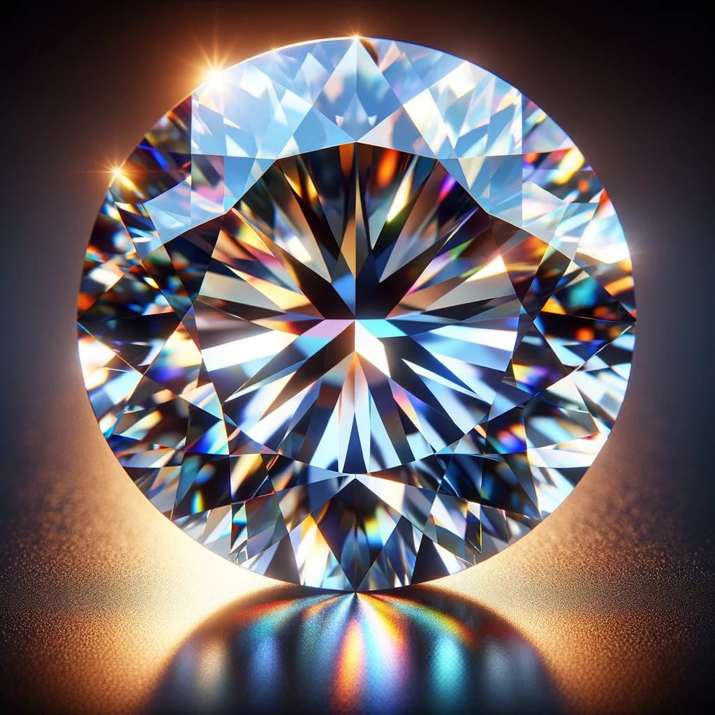 Close-up view of a brilliant moissanite gemstone with vibrant rainbow flashes, reflecting dazzling light and showcasing its unmatched brilliance and fire against a dark background.