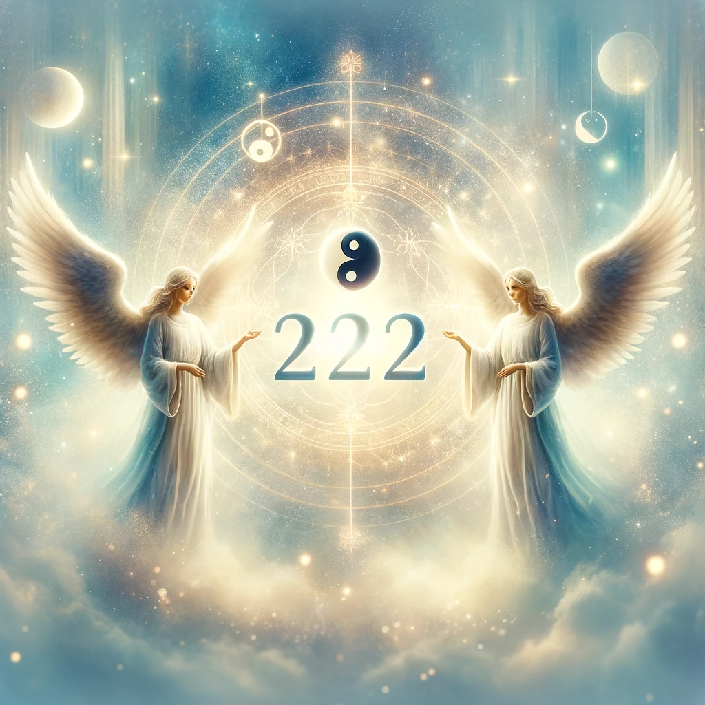 Illustration of angel number 222 with ethereal background