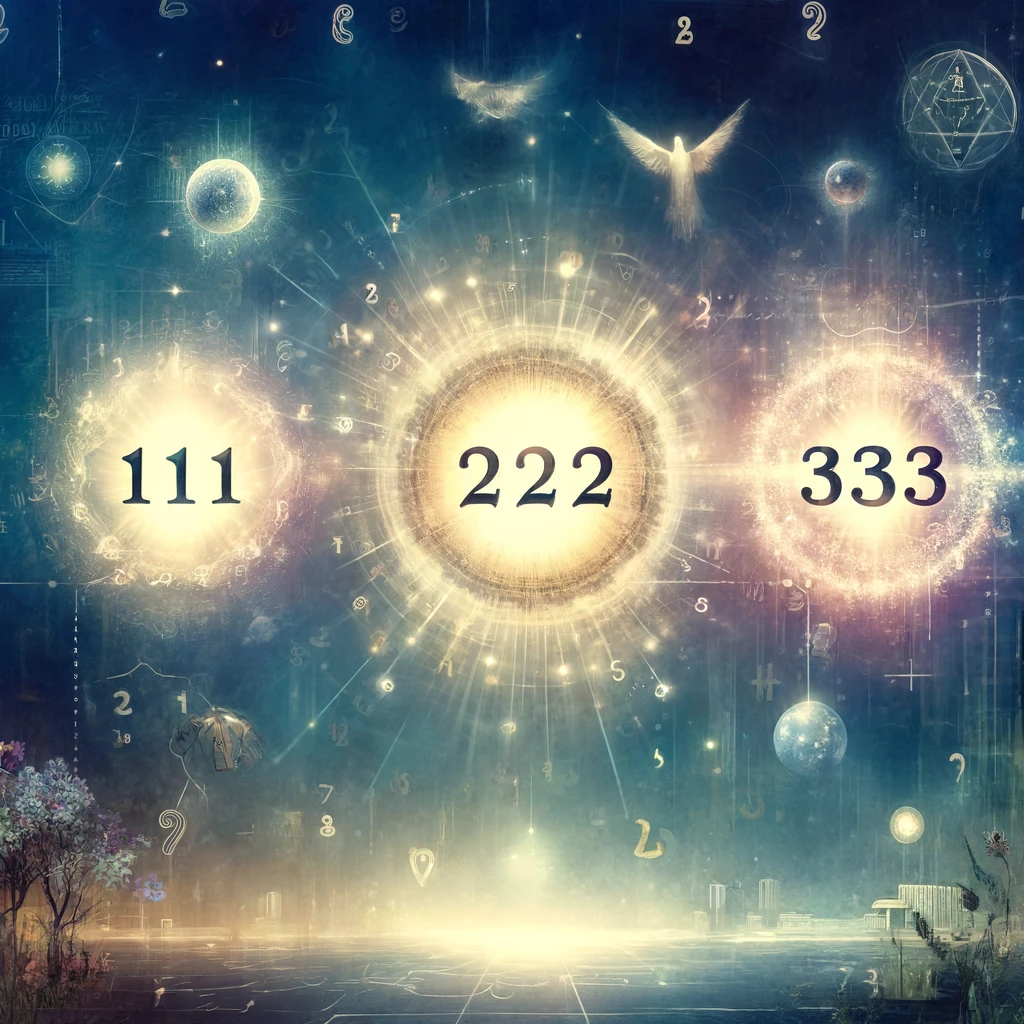Ethereal depiction of angel numbers 111, 222, and 333 in everyday settings.