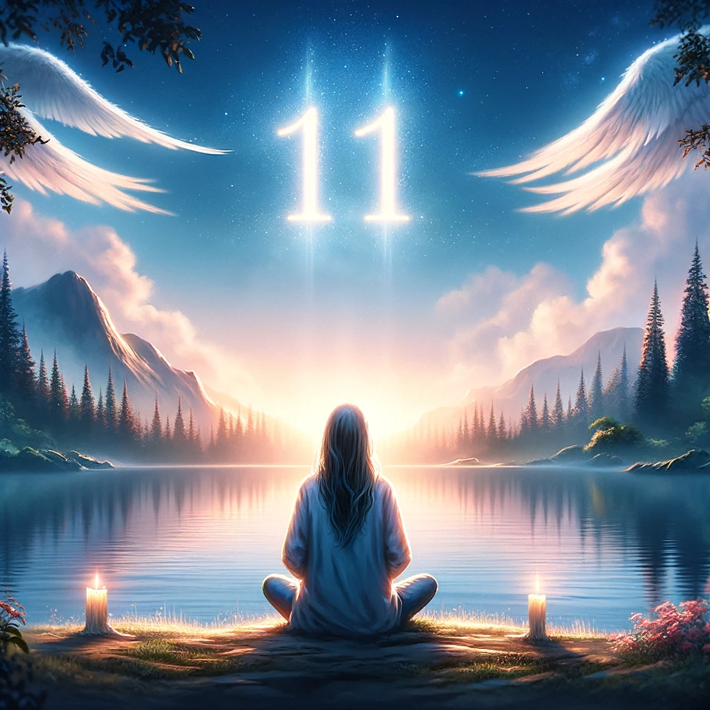 Person sitting by a lake with the angel number 111 glowing in the sky.