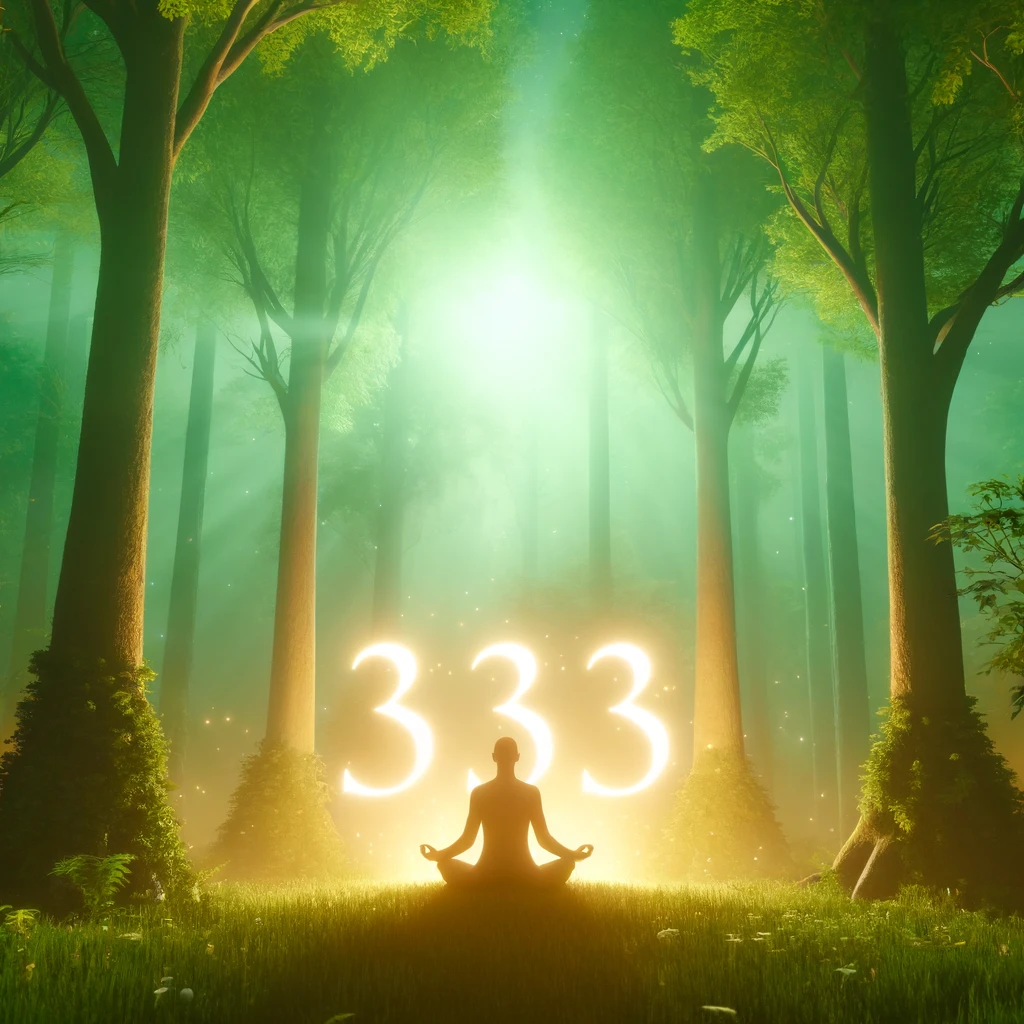 Person meditating in a forest with the angel number 333 glowing among the trees.