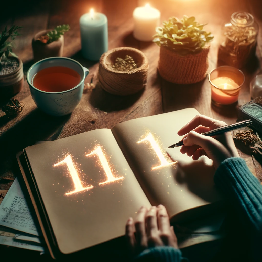 Person writing in a journal with the angel number 111 glowing on the page.