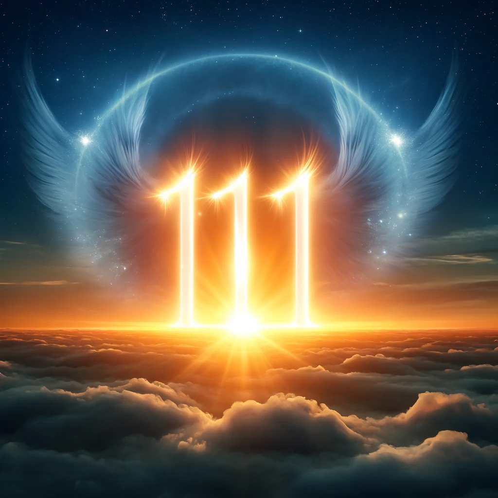 Depiction of the meaning of angel number 111 with the number 111 glowing brightly amidst a sunrise, symbolizing new beginnings