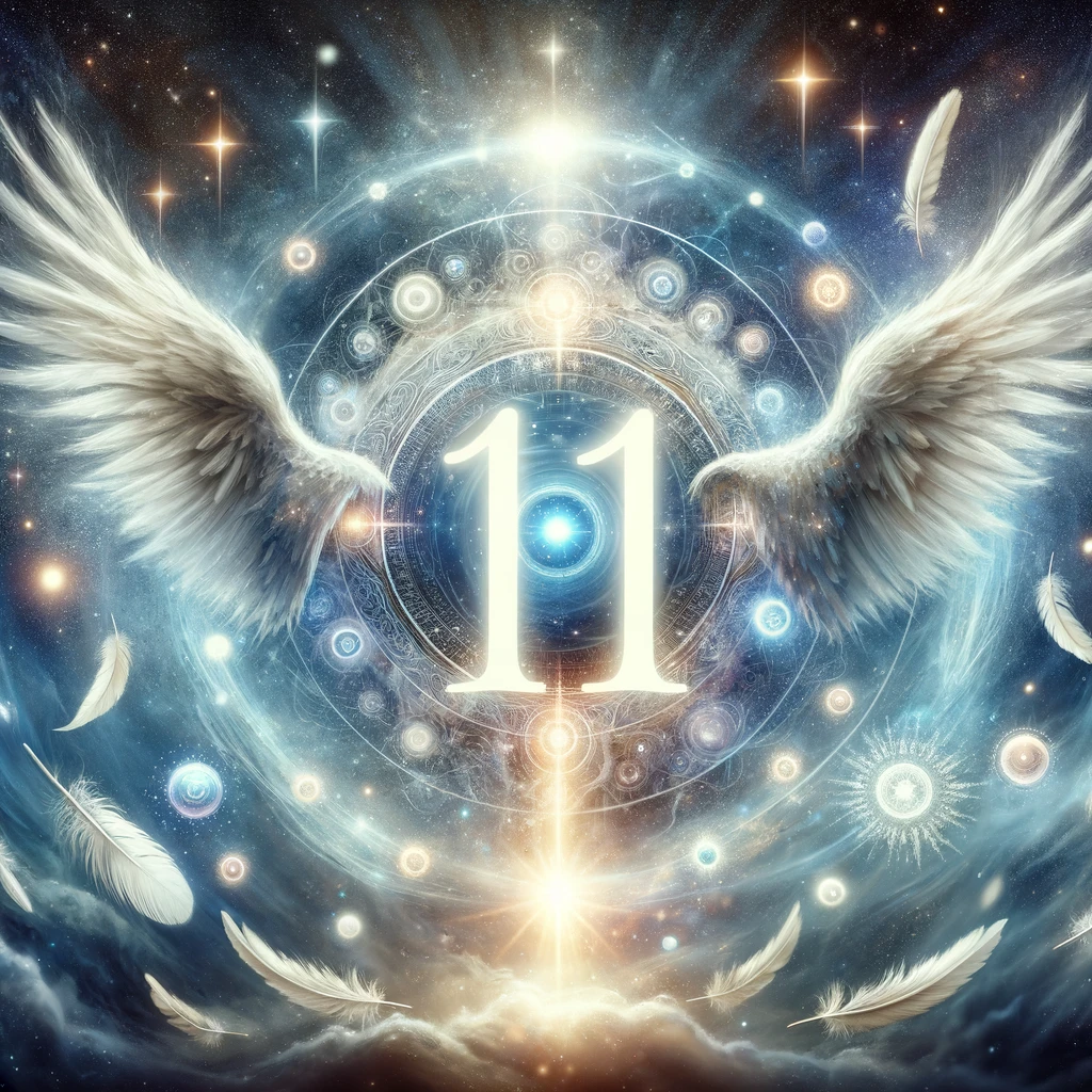 Illustration of the spiritual significance of angel number 111 with a glowing number 111 surrounded by ethereal light and spiritual symbols like feathers and angel wings.