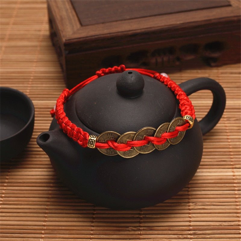 Chinese feng shui red string bracelet with copper coins