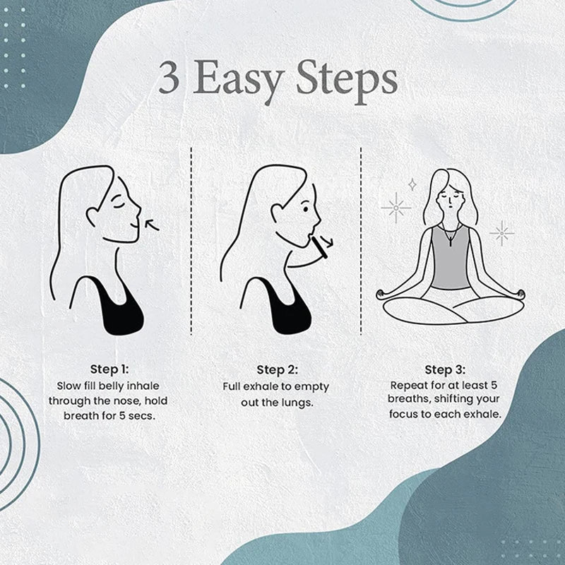 Three easy steps for slow-exhale breathing through a breathing necklace
